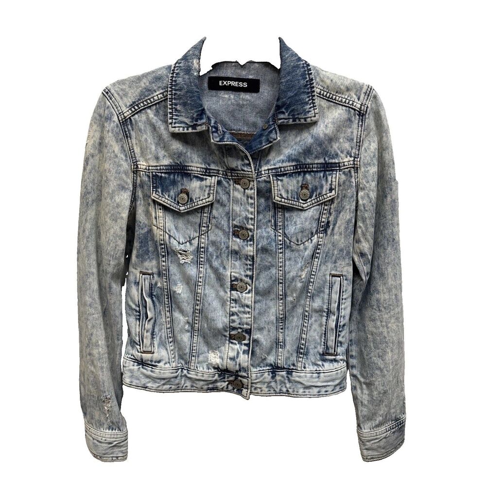 Express Denim Jacket Blue Distressed Women XS Pockets Cotton Buttons Crop